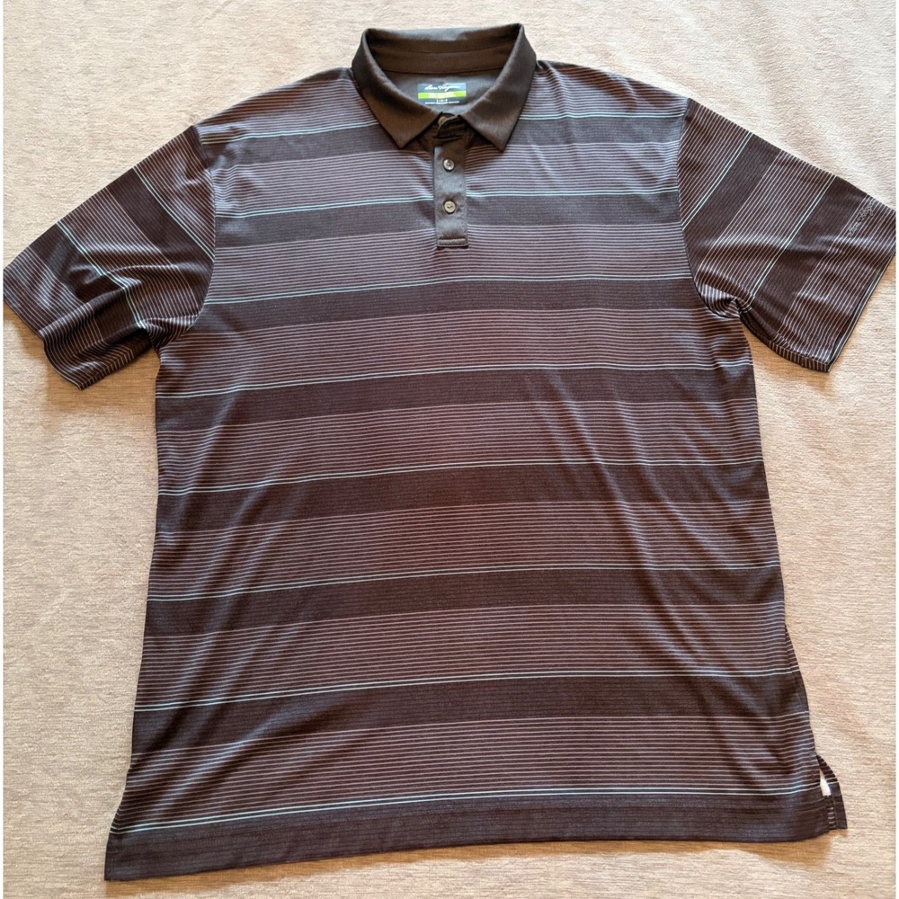 Ben Hogan Performance Mens Large Polo Shirt Grey Blue Striped Golf Short Sleeve